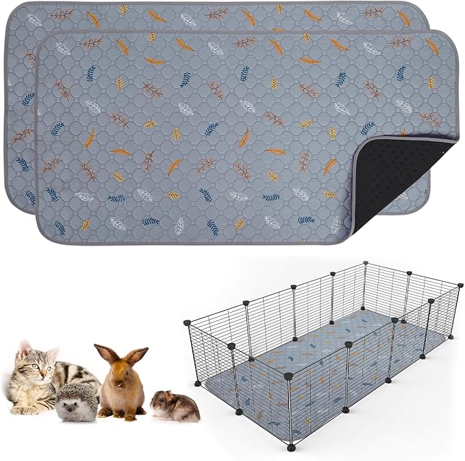 2 Pack Washable Guinea Pig Pee Pads, Waterproof Reusable Guinea Pig Cage Liners, Absorbent Bedding Training Mat for Small Animal Guinea Pigs Rabbit Bunny Hamster (Leaves - Light Grey, 24x48)
