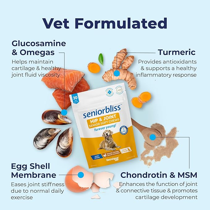 Vetnique Seniorbliss Senior Dog Joint Supplement with Glucosamine and Chondroitin for Dogs Joint Support and Healthy Cartilage Development - for Small & Large Breeds (Hip & Joint Chew, 30ct)