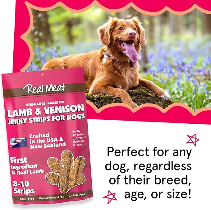 Real Meat Lamb & Venison Jerky Dog Treats - 8 Air-Dried Strips of Jerky Treats for Dogs - Grain-Free Jerky Treats Dog Snacks with 95% Human-Grade Free-Range Lamb & Venison - All-Natural Dog Jerky