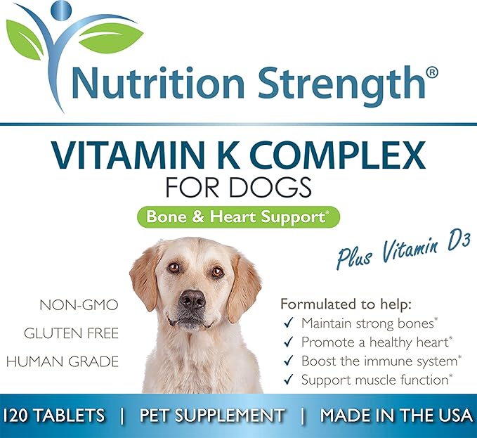 Vitamin K for Dogs, Vitamins K1 & K2 (MK4 & MK7) + Vitamin D3, Help Maintain Strong Bones, Promote Healthy Heart, Boost Immune System, Support Muscle Function, 120 Chewable Tablets