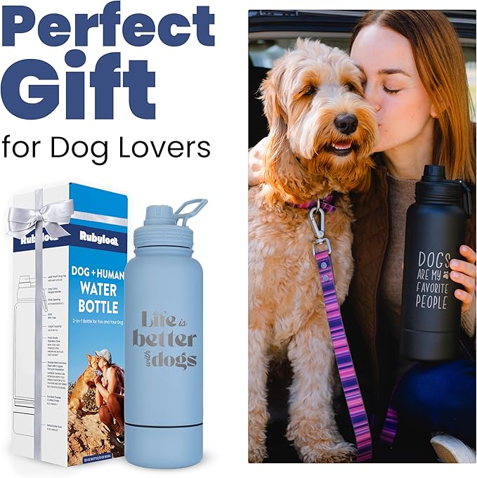 Dog Water Bottle for Dog Lovers - 32 oz Stainless Steel Double Wall Insulated Water Bottle with 8 oz Attached Dog Bowl - Dog Mom Gifts for Women for Travel, Hiking & Everyday Adventures - Black