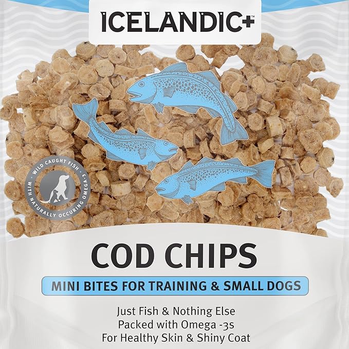 Icelandic+ Mini Fish Chips: Cod 9oz - Dog Treats, for Training & Small Dogs, 2 Ingredient Air-Dried Crunchy Chips