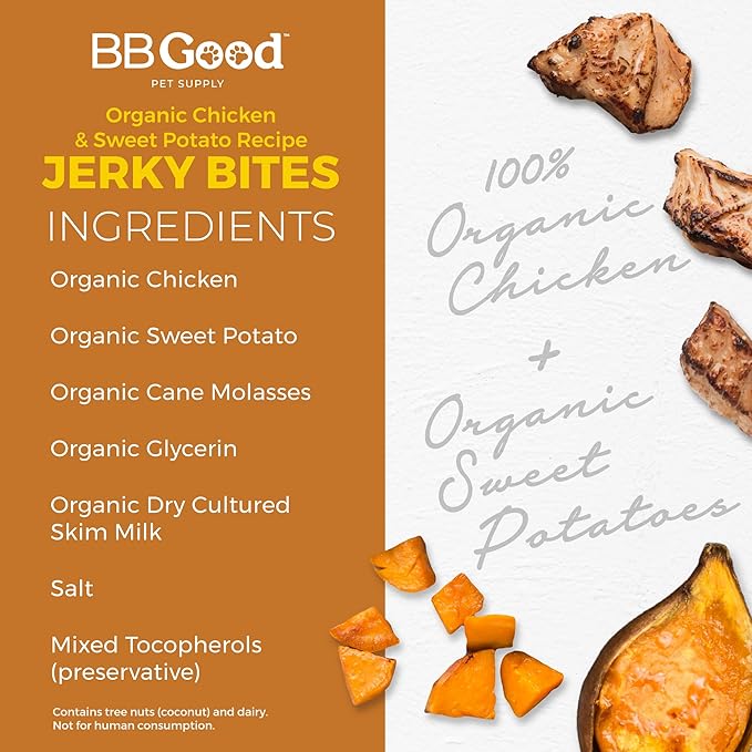 Dog Treats from ButcherBox - Organic Chicken and Sweet Potato Jerky Bites for Small and Large Dogs, Grain Free, Made and Sourced in The USA, 8 oz Bag (3 Count)