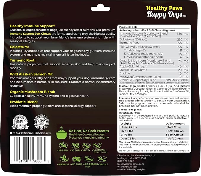 Allergy and Itch Skin Supplement | Immune Support Chews with Probiotics, Turmeric, Omega 3, Colostrum | Dog Chews for Gut & Digestive Health, Seasonal Allergies, Nose Congestion