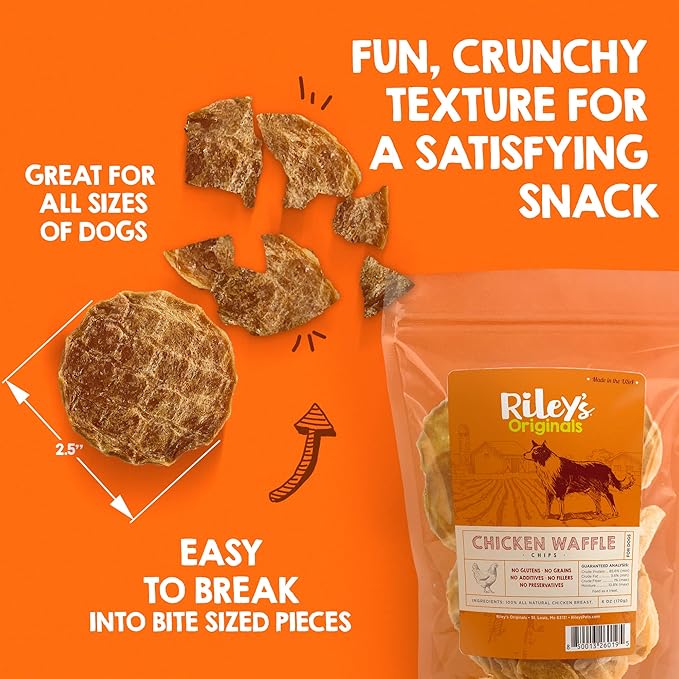 Riley's Waffles Chicken Chips for Dogs - USA Sourced Chicken Dog Treats Single Ingredient - Dehydrated Chicken Jerky for Dogs Made in USA - 6 oz