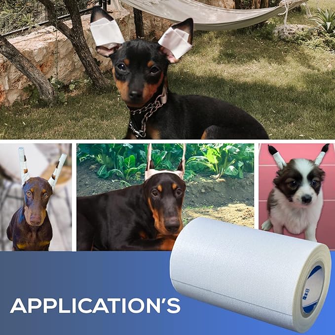 Ear Tape for Dogs 1 Pack with Dog Ear Cleaner Cotton Swabs, Self Adhesive Cotton Tape for Dog Ear Protection and Support, Ear Care Set for Dogs (3.0 inch (75 mm))