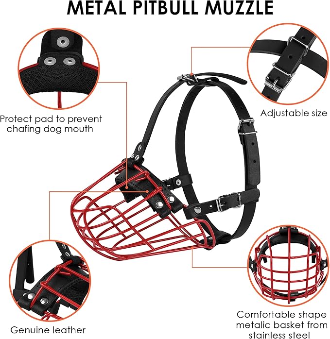 Pitbull Dog Muzzle Metal Mask Amstaff Secure Wire Basket Adjustable Durable Leather Straps for Large Dogs (Red)