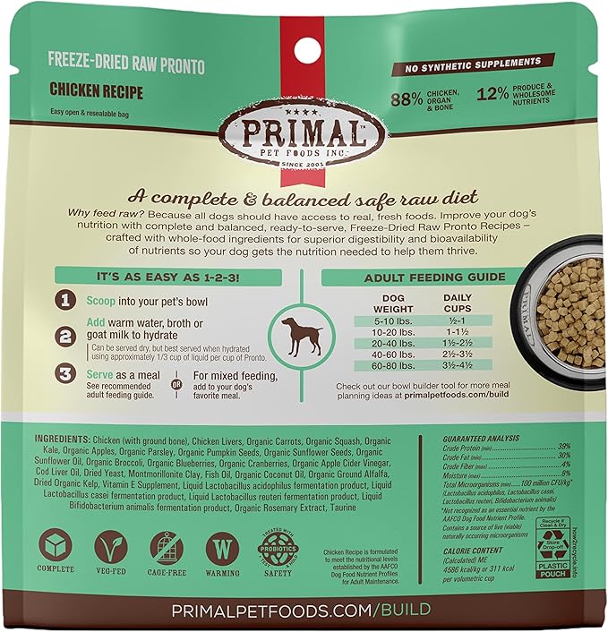 Primal Freeze Dried Dog Food Pronto, Chicken; Scoop & Serve, Complete & Balanced Meal; Also Use As Topper or Treat; Premium, Healthy, Grain Free, High Protein Raw Dog Food (16 oz, 2-pack)