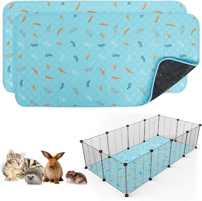 2 Pack Washable Guinea Pig Pee Pads, Waterproof Reusable Guinea Pig Cage Liners, Absorbent Bedding Training Mat for Small Animal Guinea Pigs Rabbit Bunny Hamster (Leaves - Sky Blue, 24x48)