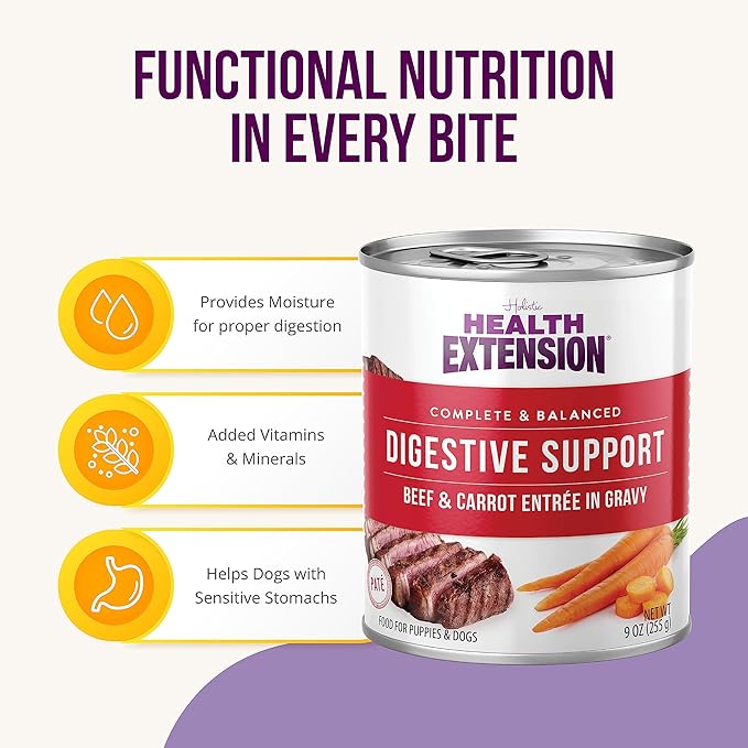 Health Extension Gravy Dog Food, Beef & Carrot Entrée, Crude Protein, Fiber & Fat with Added Vitamins, for All Life Stages, Wet Dog Food, Improve Gut Health, Digestive Support (9 Ounce, 12 Cans)