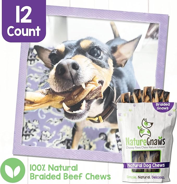 Nature Gnaws Braided Gnaws for Dogs - Premium Natural Beef Dog Chew Treats - Combo of Bully Sticks, Gullet Jerky and Tripe Twists - Rawhide Free