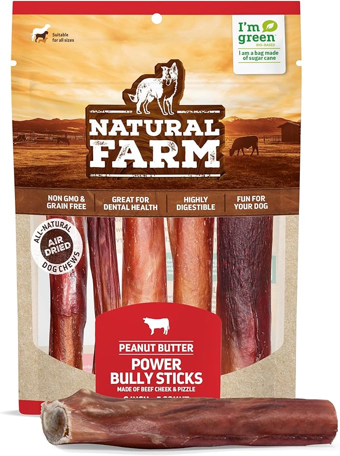 Natural Farm Power Bully Sticks Peanut Flavor Dog Chews (6”, 5-Pack), 2-in-1 Power Chews: Premium Beef Cheek Wrapped in Beef Pizzle with Enticing Peanut Butter Flavor, Double Chewing Time