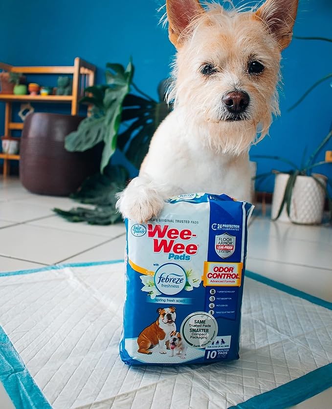 Four Paws Wee-Wee Odor Control with Febreze Freshness Pee Pads for Dogs of All Sizes, Leak-Proof Floor Protection Dog & Puppy Quilted Potty Training Pads, Spring Fresh Scent, 22" x 23" (10 Count)