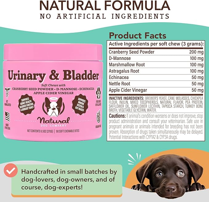 Natural Dog Company Cranberry Supplement for Dogs - Urinary & Bladder Support for Dogs - D-Mannose for Dogs Promotes Bladder Health - Turkey Flavor - Dog UTI Incontinence Supplement - 90 Soft Chews