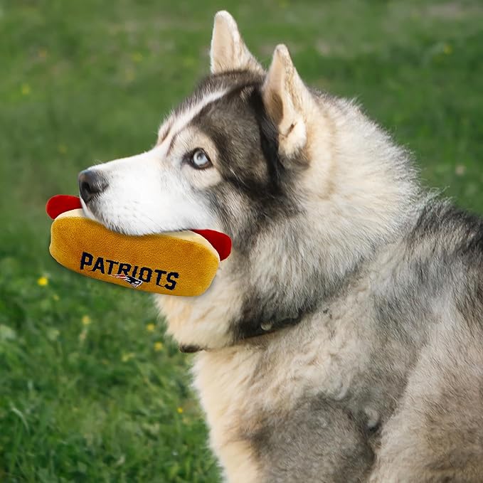 Pets First NFL New England Patriots HOT Dog Plush Dog & CAT Squeak Toy - Cutest HOT-Dog Snack Plush Toy for Dogs & Cats with Inner Squeaker & Beautiful Football Team Name/Logo 8 x 5 x 3 Inches