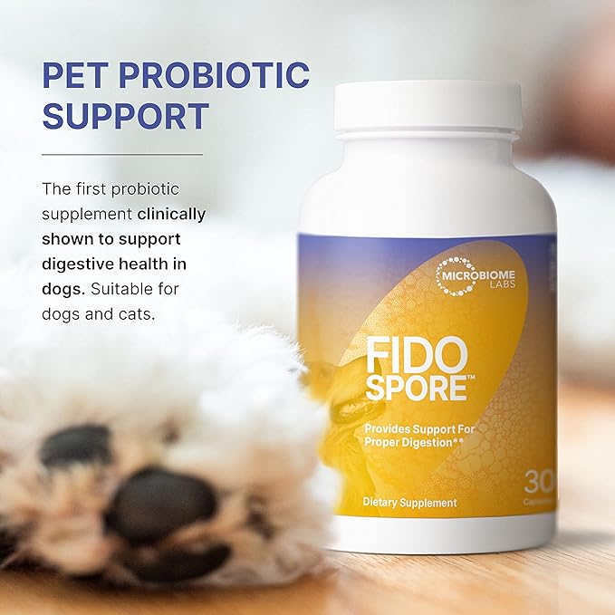 Microbiome Labs FidoSpore - Dog & Cat Digestive Supplement - Bacillus Subtilis Spore Based Probiotic to Support Digestion & Gut Health - Grass Fed Beef Liver Flavored Probiotics for Dogs (30 Capsules)