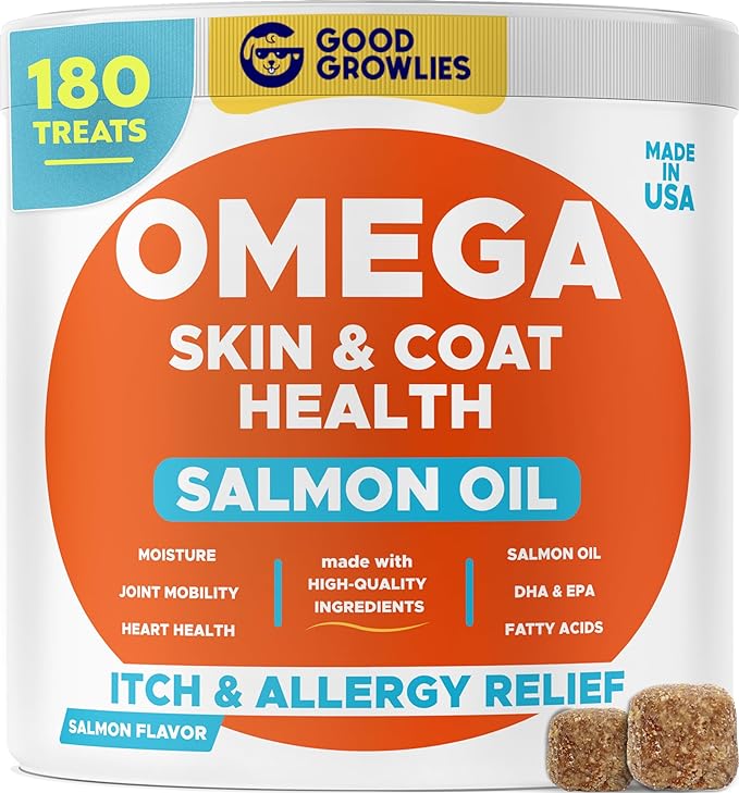 Omega 3 Alaskan Fish Oil Treats for Dogs 180 Ct - Dry & Itchy Skin Relief + Allergy Support - Shiny Coats - EPA&DHA Fatty Acids - Natural Salmon Oil Chews, Hip & Joint Support - Salmon