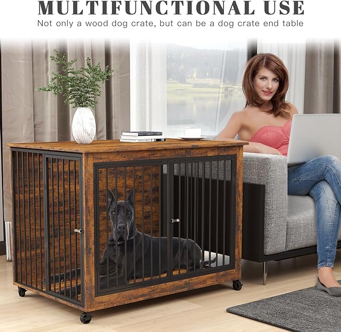 44 Inch Large Wooden Dog Crate Furniture with 180° Rotatable Bowl, Brown Multi-Functional Dog Crate End Table with Wheels, Furniture Dog Crate for Large Dogs with Flip-up Top Opening