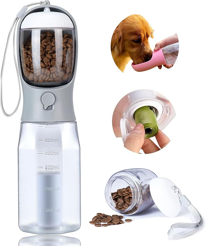 Dog Water Bottle with Food Container, Portable Pet Dog Water Dispenser for Outdoor Walking,Hiking,Travel,Puppy Essentials,Puppy Supplies,Replaceable Waste Bags