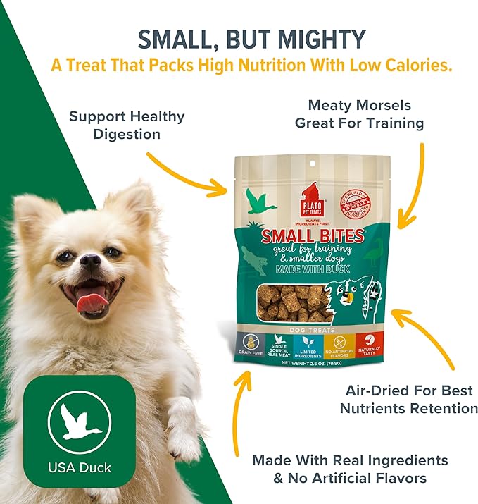 Plato Pet Treats Air Dried Small Bites Dog Treats, Natural Bite Sized Real Meat & Duck, Grain Free & High Protein, Made in the USA, 6oz
