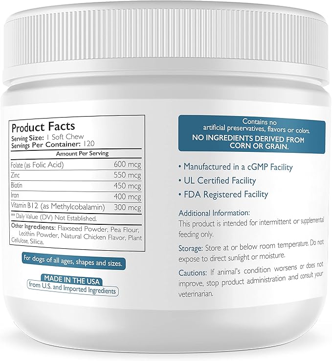 Folate for Dogs to Promote Cardiovascular & Prenatal Health, Support DNA Synthesis & Cell Maintenance, Folic Acid for Dogs with Zinc, Biotin, Iron & Vitamin B12, 120 Soft Chews