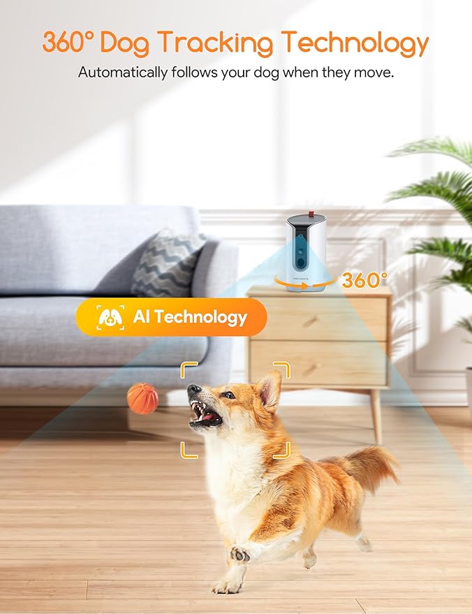 Meowant 2K Dog Camera with Treat Dispenser, Supports 5G & 2.4G WiFi, 360° View Pet Security Camera with Phone App, 2-Way Audio, with Motion Alert & AI Auto-Tracking Technology
