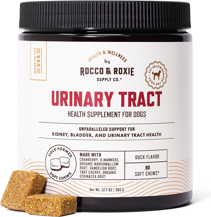 Rocco and Roxie Dog UTI Treatment, Cranberry Supplement for Dogs, Bladder Control, Urinary Tract Support with D-Mannose and Tart Cherry, Incontinence Health Supplements, Dog Treat Soft Chews 90 ct