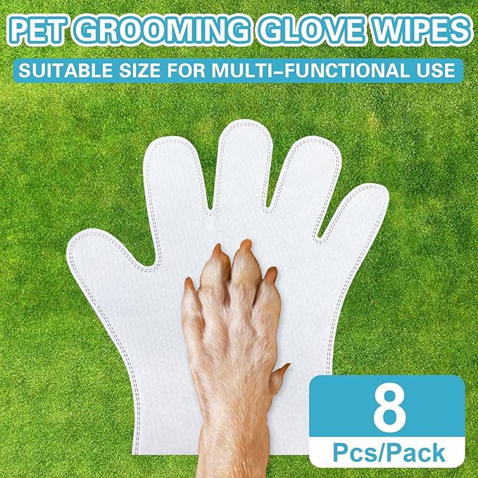 Dog Glove Wipes for Cleaning Paws Butt | Pet Grooming Deodorizing Dog Ear Glove Wipes | Fragrance Free Natural Puppy Glove Wipes | Soothes Itchy Dry Skin | 8 Count
