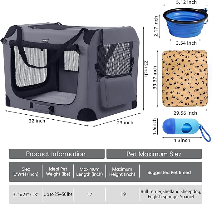 Portable Dog Crate, Collapsible Dog Travel Crate 32x23x23 with Soft Blanket Foldable Bowl and a Poop Bag with Dispenser for Medium & Large Dogs