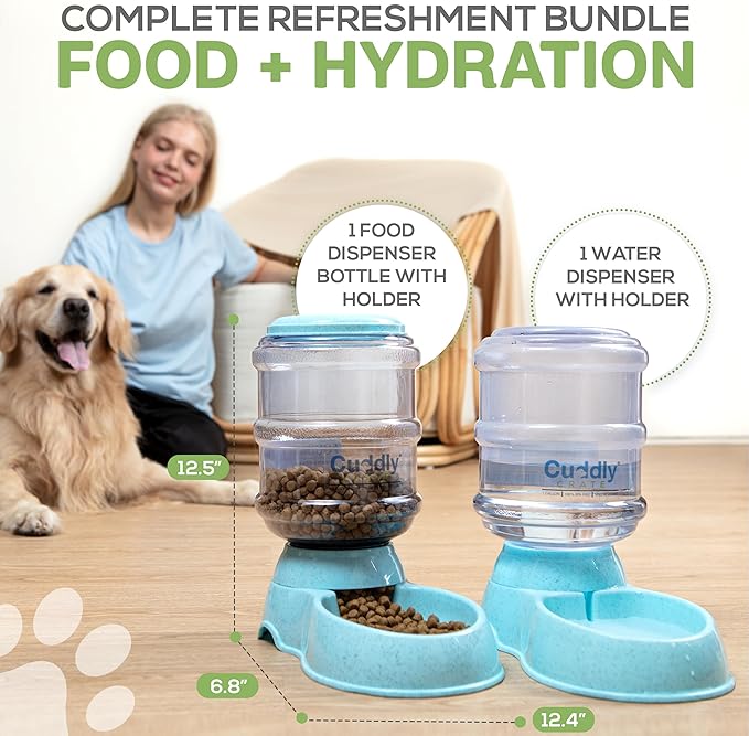 2 Pack Self Feeding Dog Food and Water Dispenser - 3.75L Automatic Pet Feeder for Small & Medium Dogs, Spill Proof Gravity Cat Feeder and Water Dispenser (Blue)