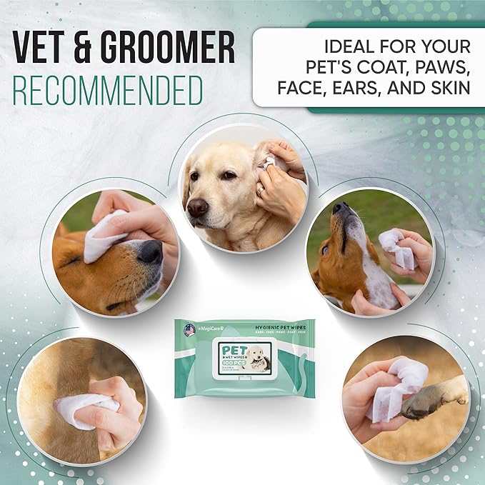 MAGICARE Grooming Wipes for Dogs & Cats - 100 Dog Wipes for Cleaning Paws, Ears and Butt - Unscented Deodorizing Pet Wipes for Dogs with Sensitive Skin - Proudly Made in USA