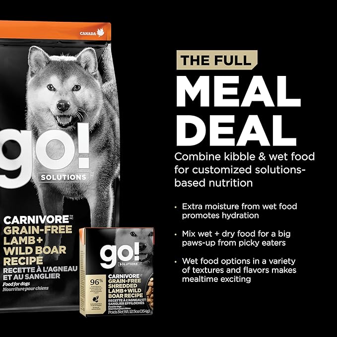 GO! SOLUTIONS Carnivore Protein Rich Wet Dog Food - Grain Free Shredded Lamb and Wild Boar - Complete & Balanced Nutrition for All Life Stages, 12.5 oz (Pack of 6)