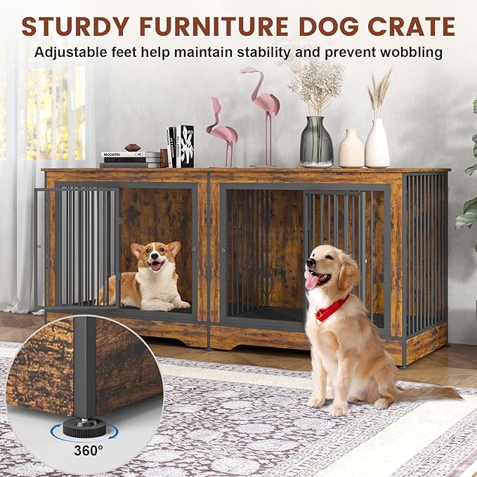 75 Inch 3-in-1 Large Double Dog Crate Furniture for 2 Dogs Durable Rustic Brown Dog Crate TV Stand with Trays and Divider
