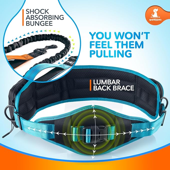 SparklyPets Double Bungee Waist Dog Leash with Back Brace – Dual Dog Leash for Medium/Large Breeds – 2 Dog Running Belt Fanny Pack with Phone, Waste, Treat, and Bottle Pockets
