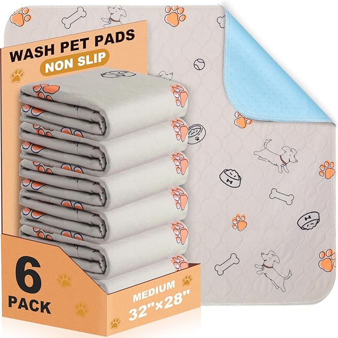 6 Pack Washable Pee Pads for Dogs 32x28 Inch Reusable Puppy Pads, Non-Slip Dog Training Pads Waterproof Dog Pee Pads Fast Absorbing Dog Pads Quick Drying Reusable Pee Pads for Dogs