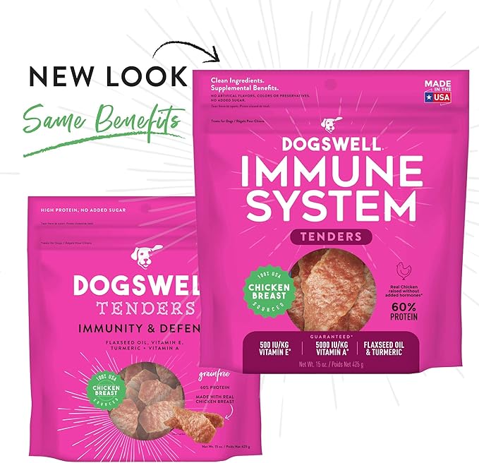 DOGSWELL Immunity & Defense, Flaxseed Oil, Turmeric, Vitamin E & A, Healthy Aging, Chicken Tenders 15 oz