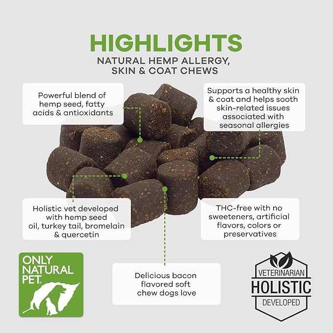 Only Natural Pet Allergy, Skin & Coat Hemp Soft Chews - Allergy Immune Bites for Dogs, Omega 3 Supplement, Hemp Oil - Calming Treats for Itchy Skin Relief, Hot Spot - (120 Count)