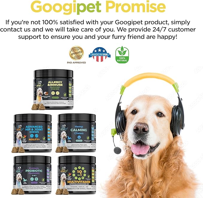 Googipet Dog Allergy Chews -Dog Allergy Relief & Itchy Skin Relief -Dog Skin & Coat Supplement +Bee Pollen, Colostrum for Dogs, Coconut Oil, Probiotics, & Omega 3 Fish Oil for Dogs Itching Skin Relief