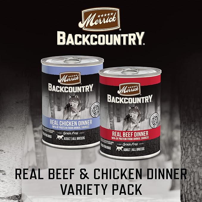 Merrick Backcountry Grain Free Premium Canned Dog Food, Variety Pack, Real Beef and Chicken Dinner Recipes - (Pack of 1) 9.5 lb. Cans