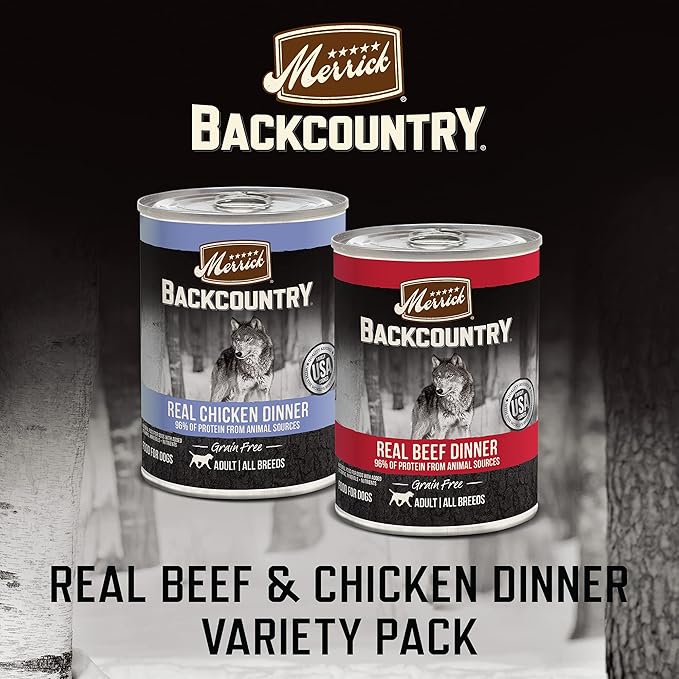 Merrick Backcountry Grain Free Premium Canned Dog Food, Variety Pack, Real Beef and Chicken Dinner Recipes - (Pack of 1) 9.5 lb. Cans