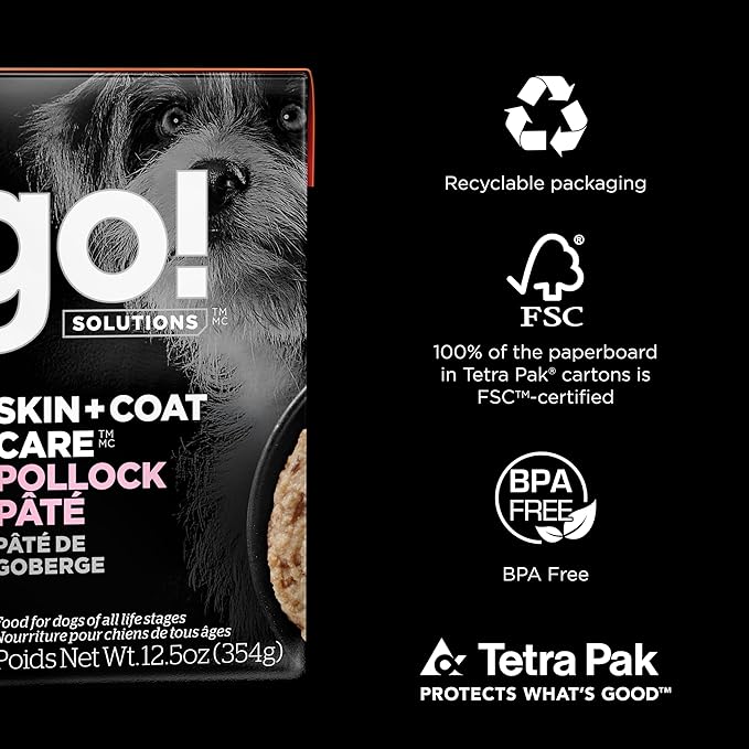 GO! SOLUTIONS Skin + Coat Care Wet Dog Food - Pollock Pâté with Grains - Complete & Balanced Nutrition for All Life Stages, 12.5 oz