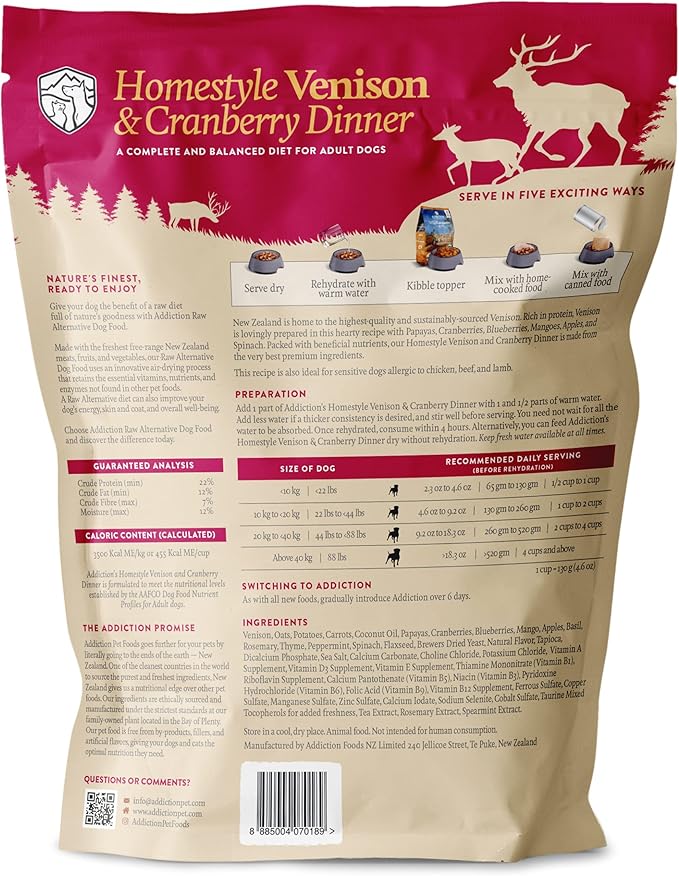 Addiction Homestyle Venison & Cranberry Dinner Raw Alternative Dog Food - Gently Air-Dried Complete Meal or Dog Food Topper for Digestive and Skin and Coat Health, 2 lb