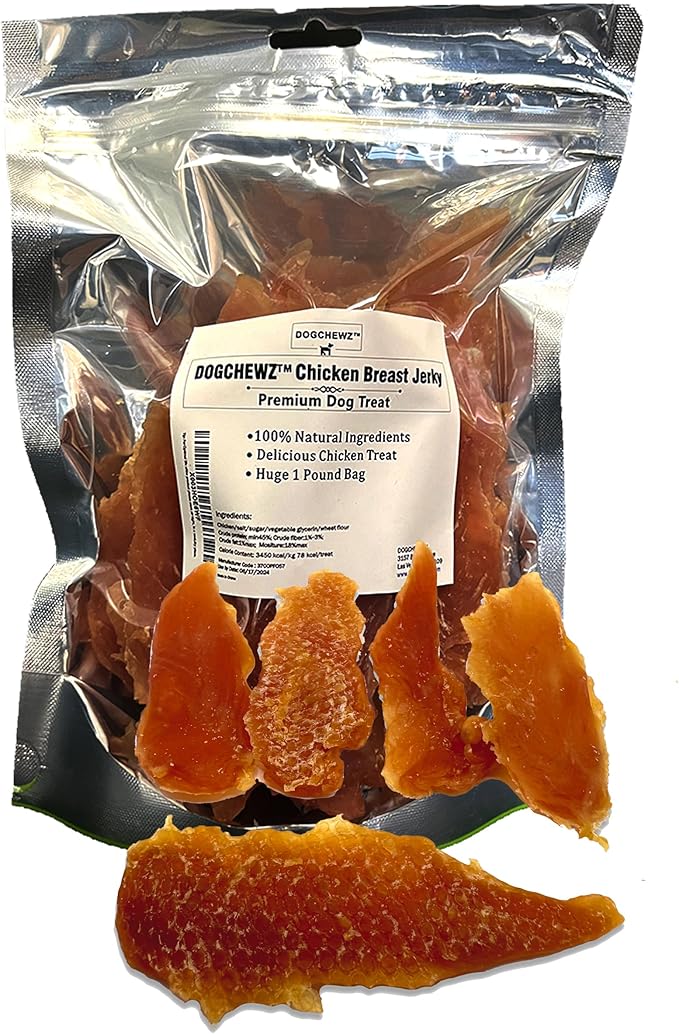 DOGCHEWZ™ Premium Chicken Breast Tender Jerky for Dogs All Natural Human Grade Dog Chew (1 LB Bag) - Single Ingredient - No Artificial Flavors or Preservatives - Whole Dehydrated Chicken