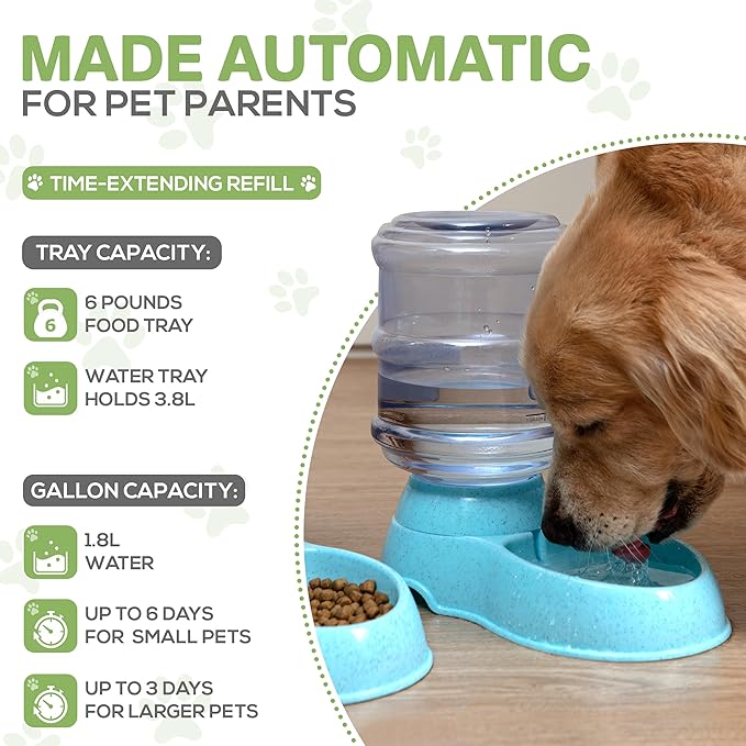 2 Pack Self Feeding Dog Food and Water Dispenser - 3.75L Automatic Pet Feeder for Small & Medium Dogs, Spill Proof Gravity Cat Feeder and Water Dispenser (Blue)