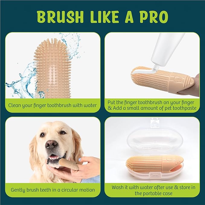 360º Dog Finger Toothbrush, Cat Toothbrush, Dog Tooth Brushing Kit, Dog Teeth Cleaning Kit, Dog Dental Care, for Use with Dog Toothpaste and Cat Toothpaste (2-Pack) (Peach)