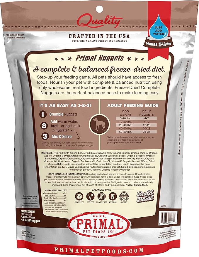 Primal Freeze Dried Dog Food Nuggets, Pork; Complete & Balanced Meal; Also Use as Topper or Treat; Premium, Healthy, Grain Free, High Protein Raw Dog Food, 5.5 oz