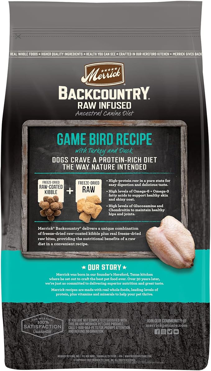 Merrick Backcountry Grain Free Dry Adult Dog Food, Kibble With Freeze Dried Raw Pieces, Game Bird Recipe - 4.0 lb. Bag