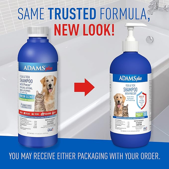Adams Plus Flea & Tick Shampoo with Precor for Cats, Kittens, Dogs & Puppies Over 12 Weeks Of Age |Sensitive Skin Flea Treatment |Kills Adult Fleas, Flea Eggs, Ticks, and Lice |24 Oz, Pump Included