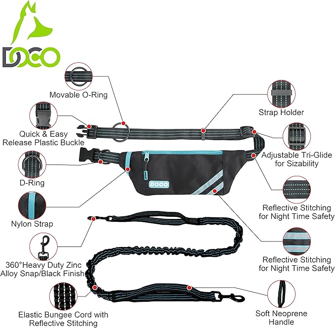 DOCO Lite Dog Jogging Belt with Zipper Pouch, Bungee Leash for Walking, Hiking, Jogging with Dog, Made for 10-100 lb. Dogs (Black)