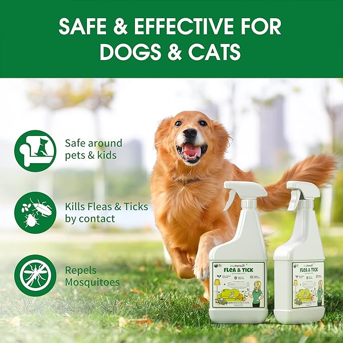 24oz Flea &Tick Spray, Flea and Tick Prevention for Dogs, Cats, Non-Toxic, Safe for Pets & Kids, Flea and Tick Spray for Home, Killer Flea, Tick, Lice, 100% USDA Biobased, Made in USA